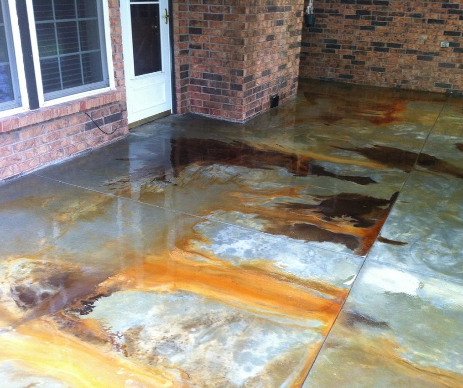 Marble Acid Stain Accents Concrete Stained Like Marble. Azure Blue and Dessert Amber Acid Stains as Base. Black and Cola Acid Stain Accent.. Sealed with High Gloss Acrylic Sealer