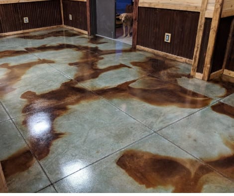 Concrete Floor Stained Like Marble Marbled Acid Stain Floor with Azure Blue and Coffee Brown Acid Stains Sealed with High Gloss Sealer